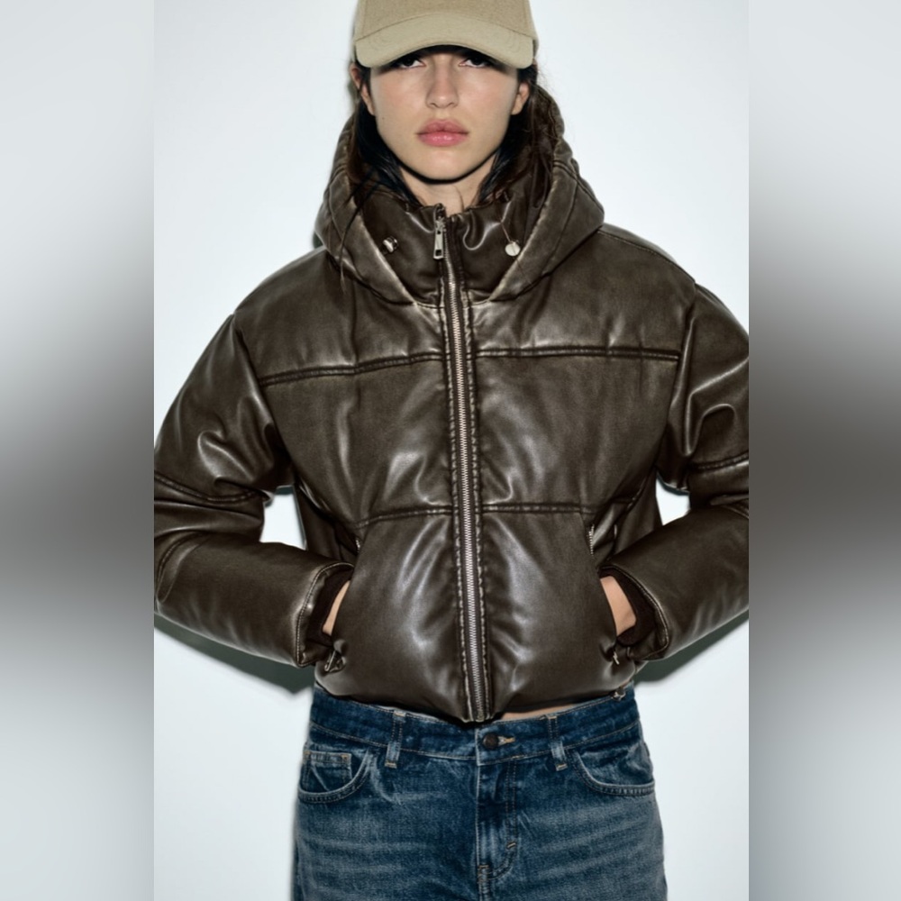 Zara FAUX LEATHER CROPPED PUFFER ANORAK. Brown. Sizes XS, S. New with Tags. - Picture 1 of 7